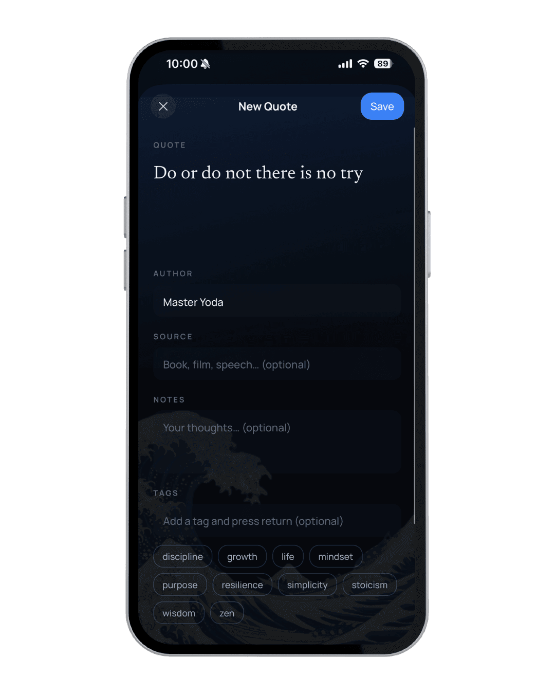 Creating a new quote in Michi with author, source, notes and tags