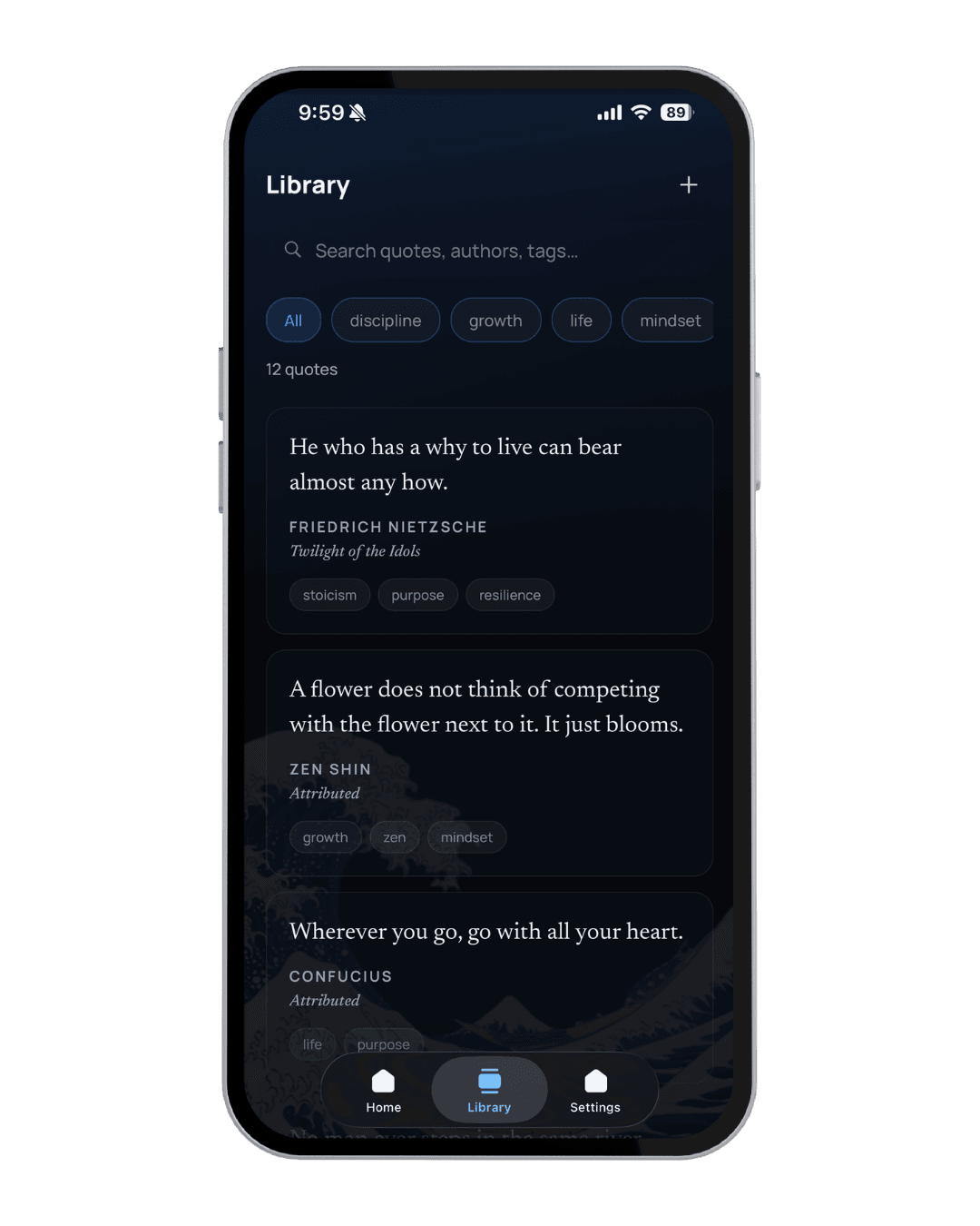 Michi library screen listing saved quotes with authors and tags